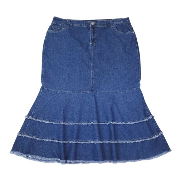 Baccini Womens Denim Flared Skirt 18W Blue Maxi Length With Embellished Pockets - Picture 12 of 12